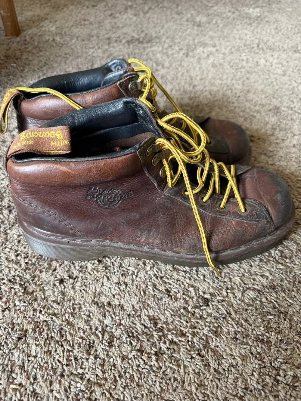 Dr. Martens Brown Leather Work Boots with Yellow Laces